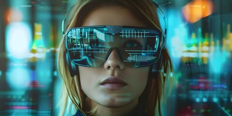 Poster - Businesswoman Analyzing Futuristic Data Through Augmented Reality Glasses in Cityscape