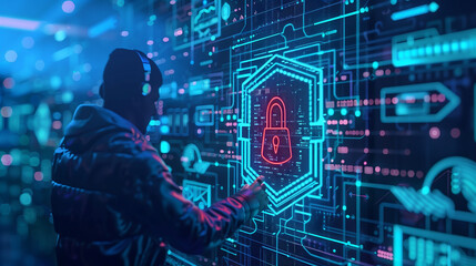 Wall Mural - Cybersecurity and privacy concepts to protect data. Lock icon and internet network security technology. Businessman protecting personal data on smartphone, virtual screen interfaces. cyber security. 