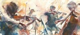 The image shows a watercolor painting of a string quartet.