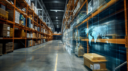 Poster - modern warehouse managed with smart digital technology systems 