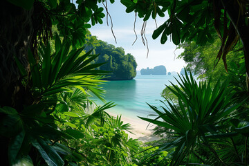 Wall Mural - Scenic view of tropical beach and sea viewed through lush green plants, Thailand.


