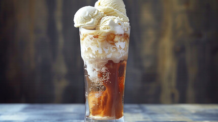 Wall Mural - A tall glass of ice cream float with soda and vanilla ice cream.