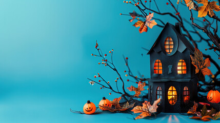 hallowen miniature house with light blue background in spooky style, blank space for text.