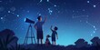 © kiimoshi - A boy and two children are looking at the stars through a telescope. The sky is dark and the stars are shining brightly