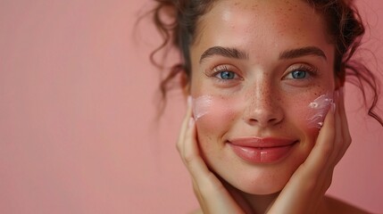 Poster - woman with healthy face skin, enjoying a skincare routine with gentle products