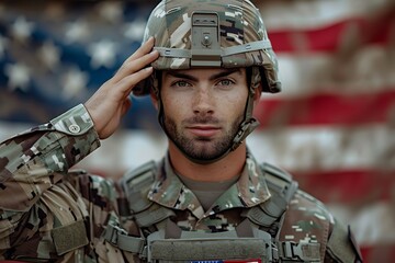 Wall Mural - Proud saluting male army soldier on american flag background