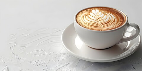 Poster - Elegant Cappuccino with Latte Art in Ceramic Cup on Minimalist White Background