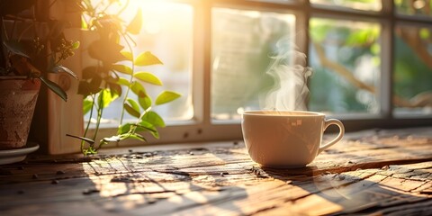 Canvas Print - Cozy Morning Coffee Moment with Warm Sunlight Streaming Through Window