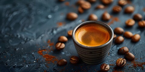 Poster - Aromatic Espresso Shot Served with Scattered Coffee Beans on a Dark Moody Background