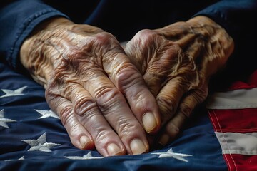 Wall Mural - old Hands holding an American flag closeup