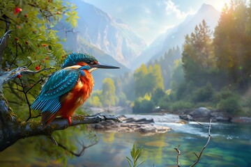 Wall Mural - colorful kingfisher perched on a branch overlooking a clear mountain stream, its vivid plumage catching the sunlight as it dives for fish.