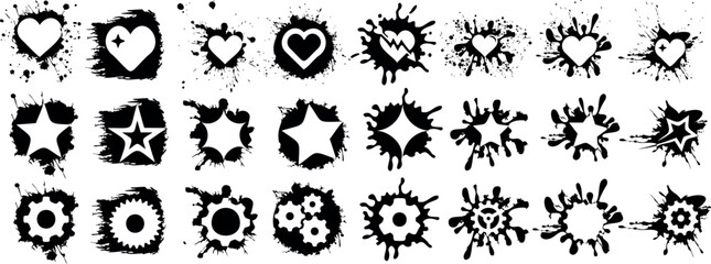 Wall Mural - Grunge heart gear and star splatter icon set, black and white, various designs, artistic splashes, vector graphics, abstract shapes isolated digital art