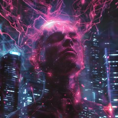 Wall Mural - Futuristic Man with Electric Energy in Cyberpunk Cityscape