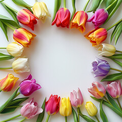 Wall Mural - Multicolored tulip flowers crown frame on white background, space in the middle