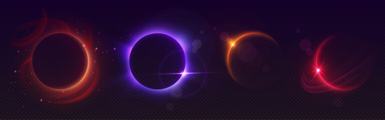 solar eclipse light ring. moon flare glow in space effect. total lunar phase with neon planet edge s