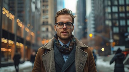 Wall Mural - Young professional man portrait showcasing his determination and drive, his focused expression and purposeful demeanor set against a backdrop of bustling city streets and towering skyscrapers