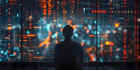 Poster - Futuristic Cityscape with Investor Analyzing Cryptocurrency Trends for Financial Planning and Growth
