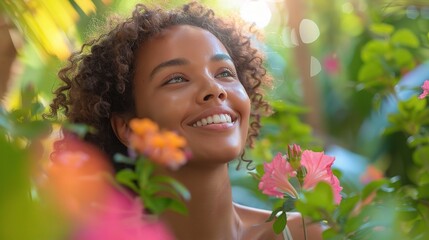 Sticker - A young woman exploring a lush garden filled with vibrant bloom