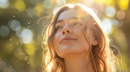 Wall Mural - young woman with radiant face skin, enjoying a sunny day in a par