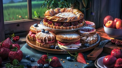 Wall Mural - A table with a variety of desserts, including pies, cakes, and pastries, and a bowl of apples. The desserts are arranged on a wooden tray, and there are several strawberries scattered around the table