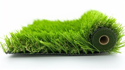 A roll of freshly manufactured artificial grass, ready to be deployed, illustrating the roll's texture and quality on a white background.