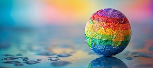 Sticker - Colorful earth globe with bokeh background. LGBT pride gender equality symbol. Generative AI technology.