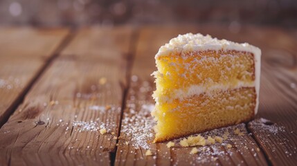 Poster - Sponge cake slice captured in detail on a wooden table