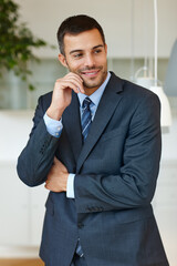 Poster - Corporate, suit and thinking with business man at office for start of professional career as intern. Company, future or vision and smile of happy employee in workplace with idea for administration