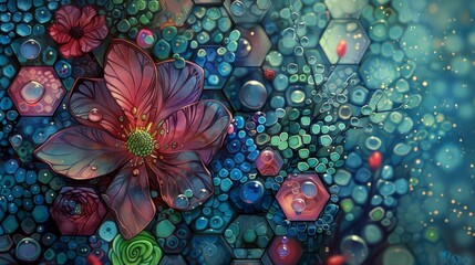 Wall Mural - A colorful painting of a flower with water droplets surrounding it. The painting has a vibrant and lively mood, with the flower and water droplets creating a sense of movement and energy