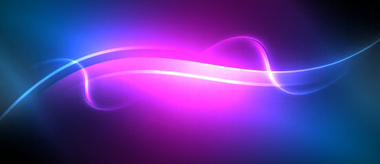 Poster - Neon glowing circle rays, light round lines in the dark, planet style neon wave lines. Energetic electric concept design for wallpaper, banner, background