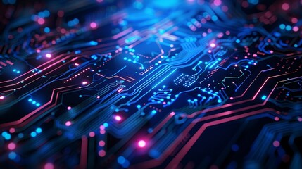 Abstract, AI and circuit board with futuristic technology for connectivity