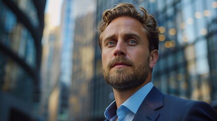 Poster - young professional man portrait, his determined expression and purposeful demeanour reflecting his drive for success