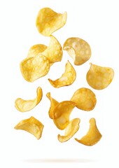 Wall Mural - Fried crispy potato chips Flying chips isolated.