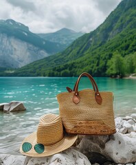 Wall Mural - A high-end straw hat, fashionable sunglasses, and a luxurious leather beach bag placed on the rocks beside a serene mountain lake, with lush greenery surrounding. 