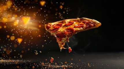 A single slice of pizza with melted cheese, flying through the air with sauce dripping.
