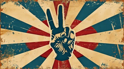 A peace sign with the middle finger up, vector illustration in vintage style, with retro colors and a faded background for poster art. 