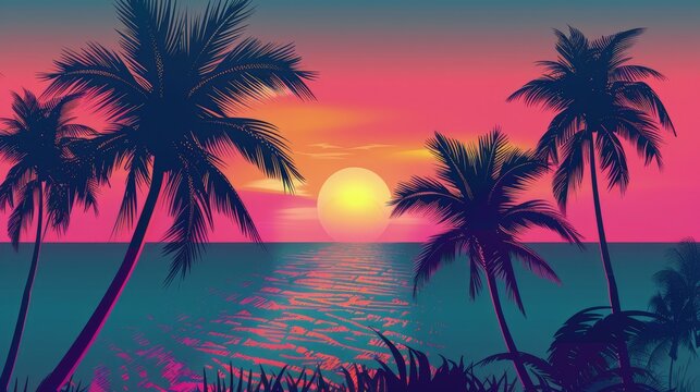 a tropical sunset beach with silhouette palm trees, summer travel and vacation