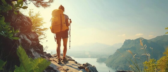 Rear view of a hiker with a backpack standing on a mountain trail, overlooking a scenic lake and mountains under the morning sun.
