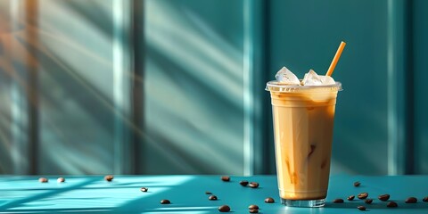 Wall Mural - Refreshing Iced Latte in a Stylish Glass Cup Against a Bright Background Capturing the Essence of Cafe Culture