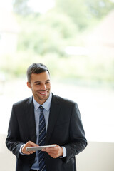 Aufkleber - Businessman, smile and standing in office with tablet for crypto, easy investment with digital. Male trader, thinking and happy for deal with blockchain technology, beat inflation with financial goal