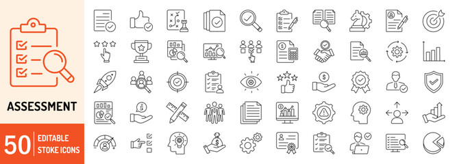 assessment editable stroke outline web icons set. audit, analysis, plan, evaluation, quality process