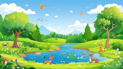 Cartoon Vector Bright and cheerful cartoon landscape featuring a vibrant green forest, clean rivers, and animals celebrating World Environment Day Generative AI