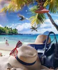 Wall Mural - Straw hat, bag and sun glasses on a tropical beach