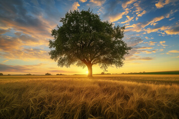 Canvas Print - tree in sunset sun rising behind tree and bench
