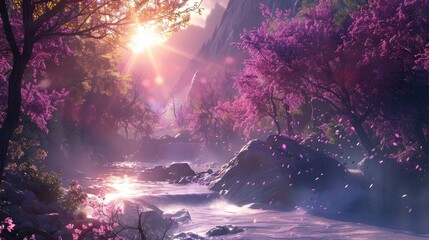 Wall Mural - A scene featuring bright sunlit areas a flowing river and a purple hued forest