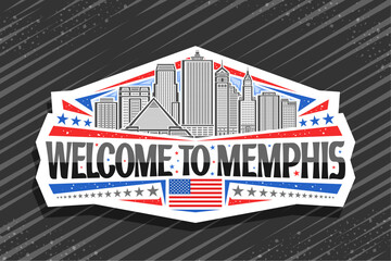 Wall Mural - Vector logo for Memphis, white decorative tag with line illustration of famous contemporary memphis city scape on day sky background, art design refrigerator magnet with black words welcome to memphis