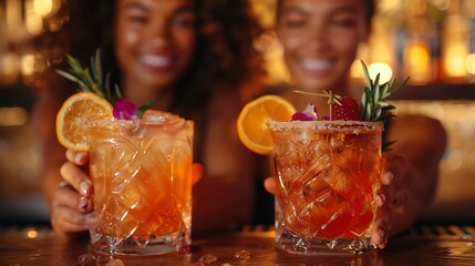 A close-up view of two female executives toasting with artisanal cocktails in a chic business setting.