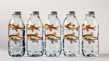 Wall Mural - Close up of fish on white background, plastic, bottle, concept