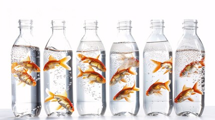 Wall Mural - Close up of fish on white background, plastic, bottle, concept