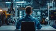 © Media Srock - a male chief automotive engineer sitting in front of a computer monitoring control car factory work desk